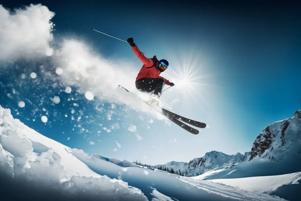 freeride-hiihto. hiihtäjä hyppää sinistä taivasta vasten. generatiivinen tekoäly.